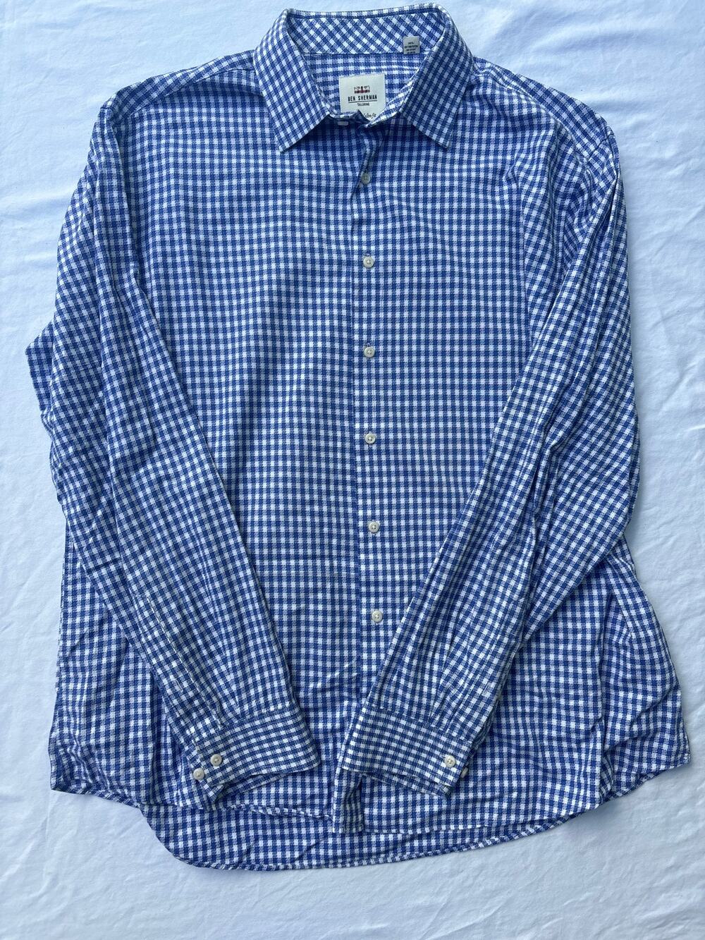 Men’s BEN SHERMAN tailored slim fit button up shirt size 17 34-35 checkered blue